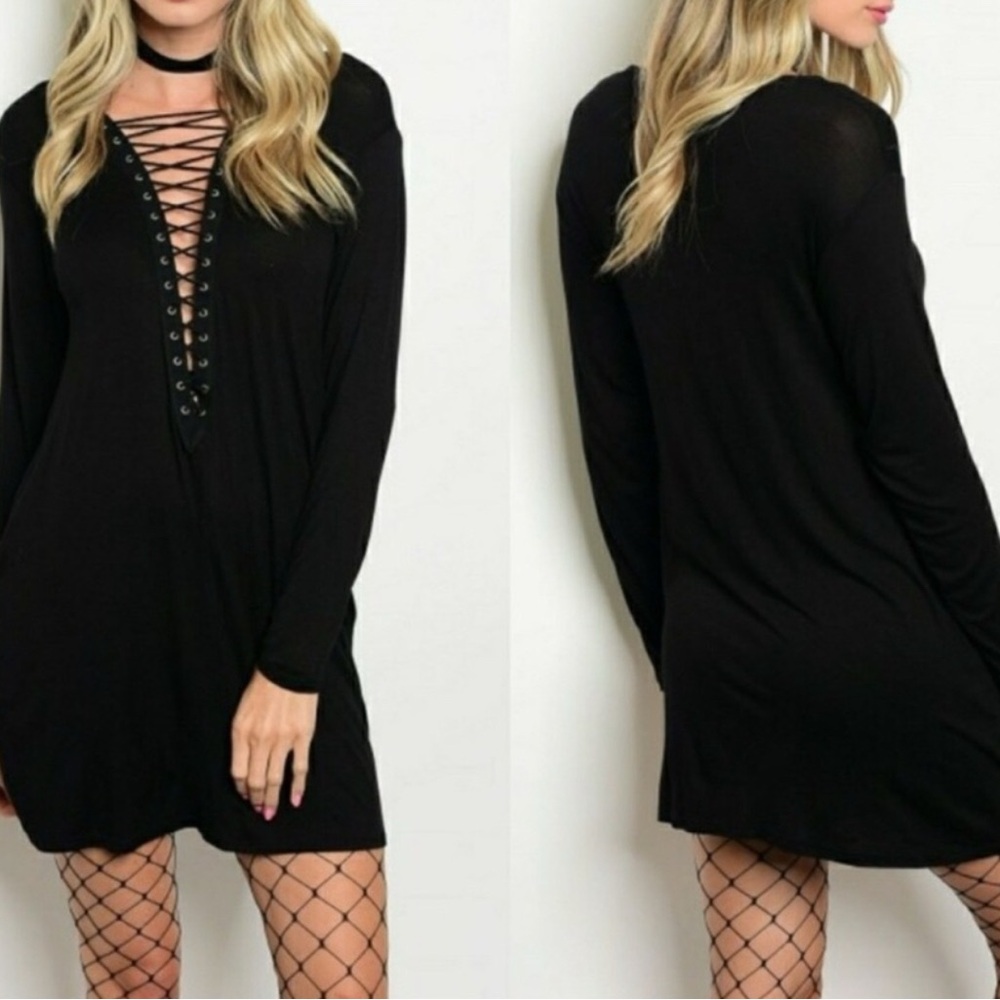 WOMENS LONG SLEEVE DEEP PLUNGE FRONT DRESS